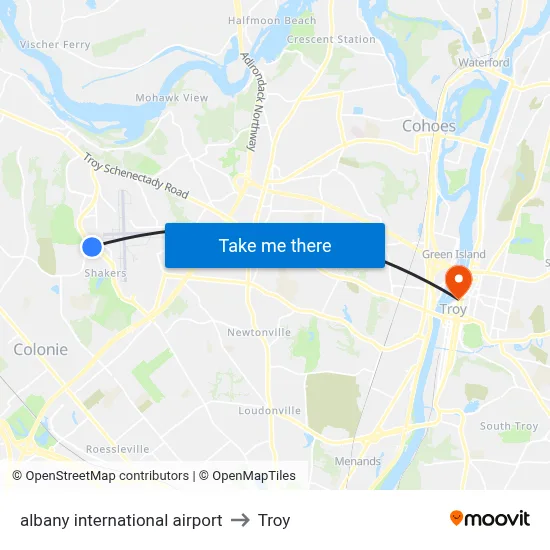albany international airport to Troy map