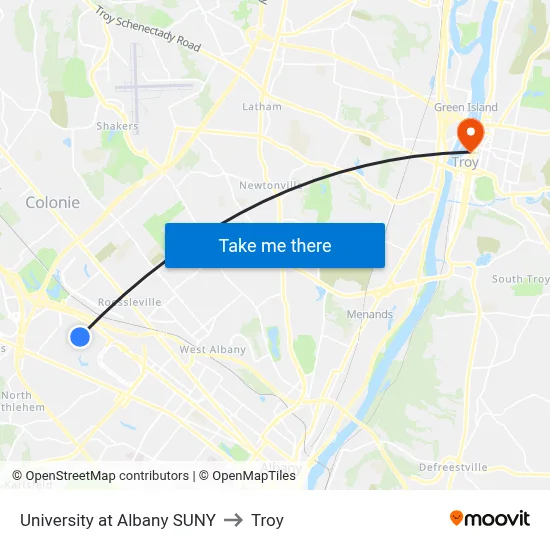 University at Albany SUNY to Troy map