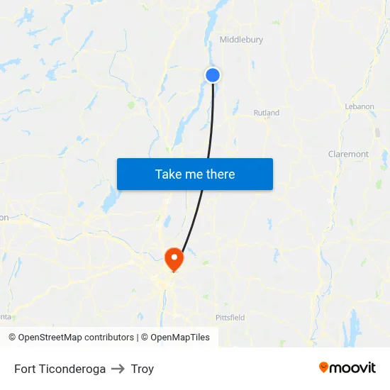 Fort Ticonderoga to Troy map
