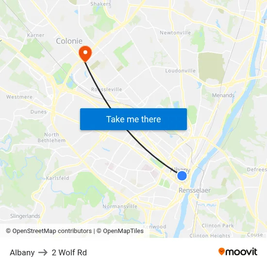 Albany to 2 Wolf Rd map