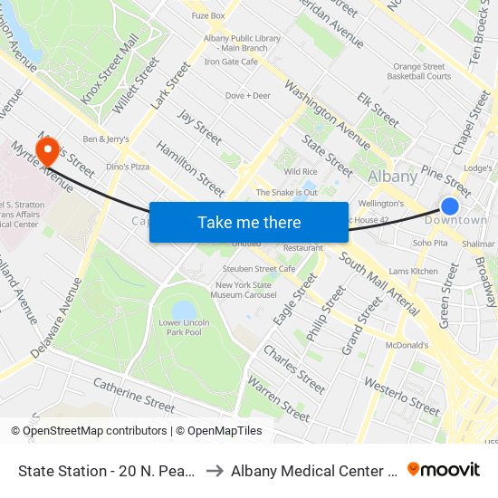 State Station - 20 N. Pearl St (Walgreens Shelter) to Albany Medical Center Surgical Waiting Room map