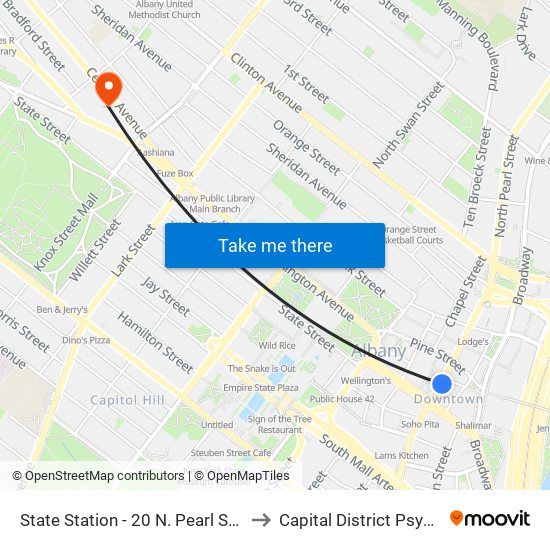 State Station - 20 N. Pearl St (Walgreens Shelter) to Capital District Psychiatric Hospital map