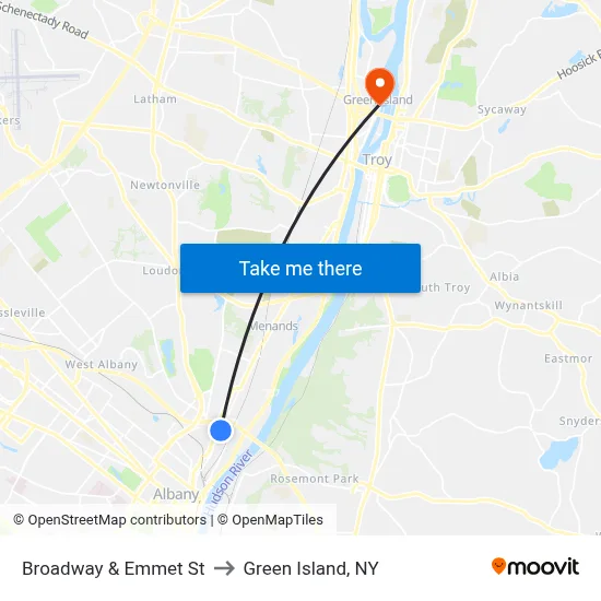 Broadway & Emmet St to Green Island, NY map