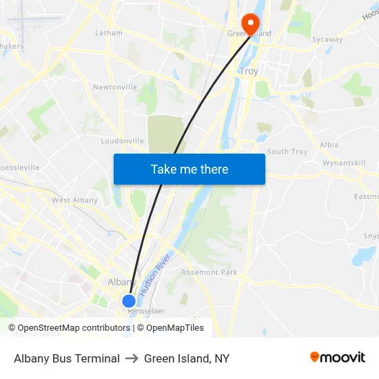 Albany Bus Terminal to Green Island, NY map