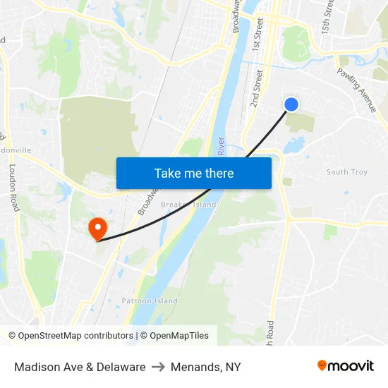 Madison Ave & Delaware to Menands, NY map