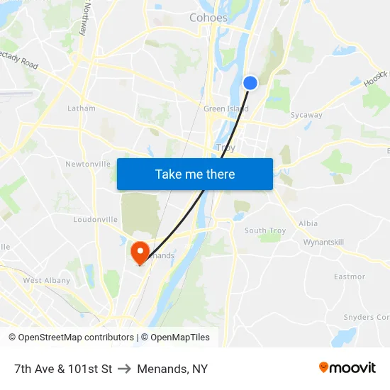 7th Ave & 101st St to Menands, NY map