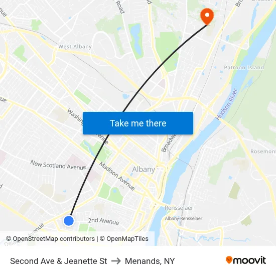 Second Ave & Jeanette St to Menands, NY map