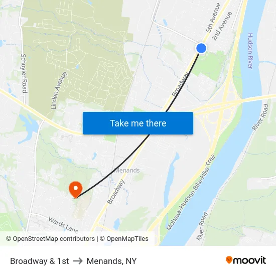 Broadway & 1st to Menands, NY map