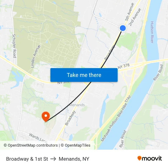 Broadway & 1st St to Menands, NY map