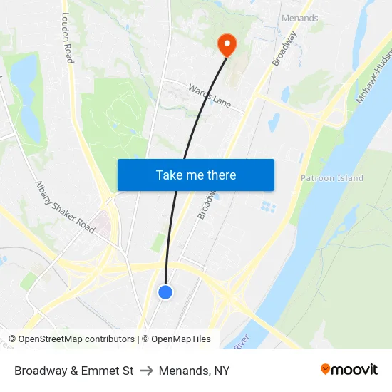 Broadway & Emmet St to Menands, NY map