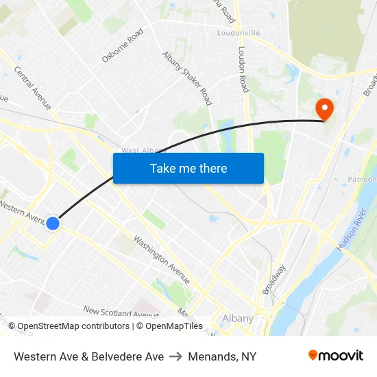 Western Ave & Belvedere  Ave to Menands, NY map