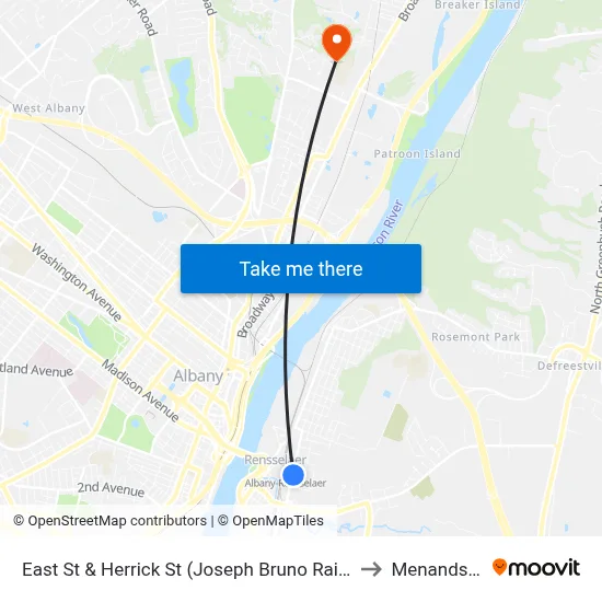 East St & Herrick St (Joseph Bruno Rail Station) to Menands, NY map