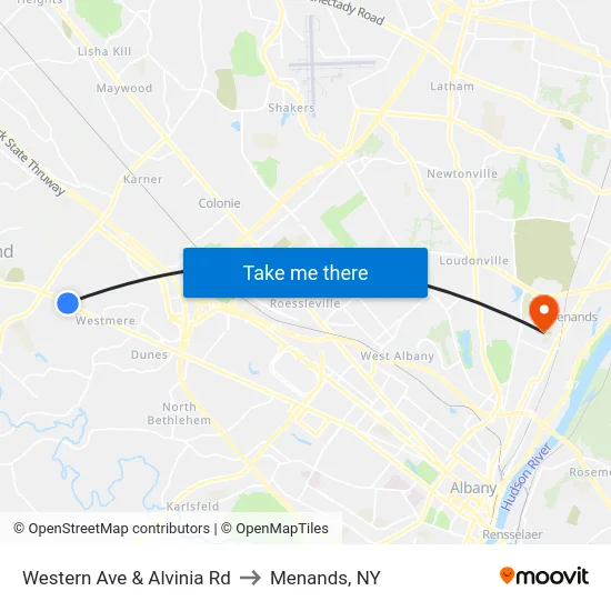 Western Ave & Alvinia Rd to Menands, NY map