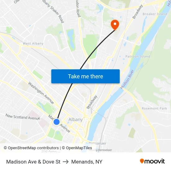 Madison Ave & Dove St to Menands, NY map