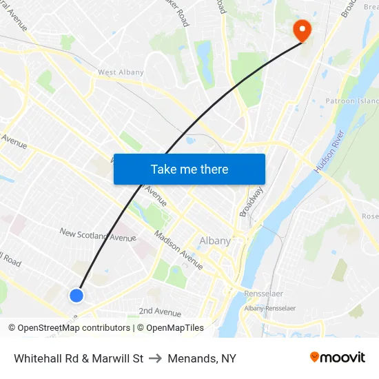 Whitehall Rd & Marwill St to Menands, NY map