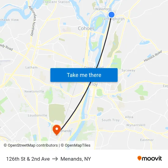126th St & 2nd Ave to Menands, NY map