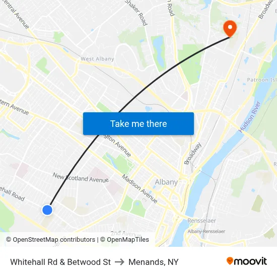 Whitehall Rd & Betwood St to Menands, NY map