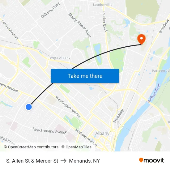 S. Allen St & Mercer St to Menands, NY map
