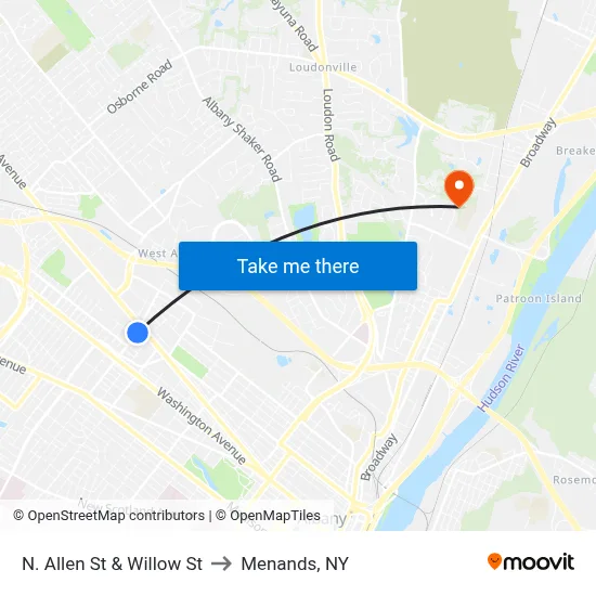 N. Allen St & Willow St to Menands, NY map