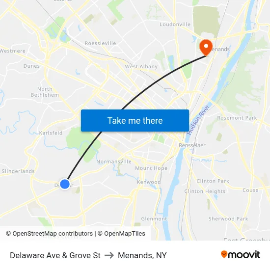 Delaware Ave & Grove St to Menands, NY map