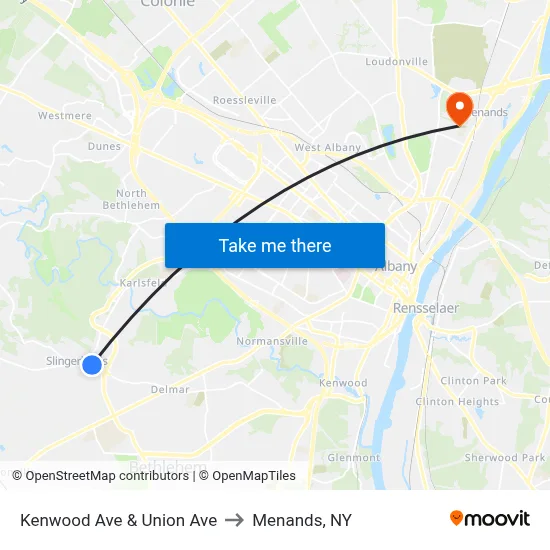 Kenwood Ave & Union Ave to Menands, NY map
