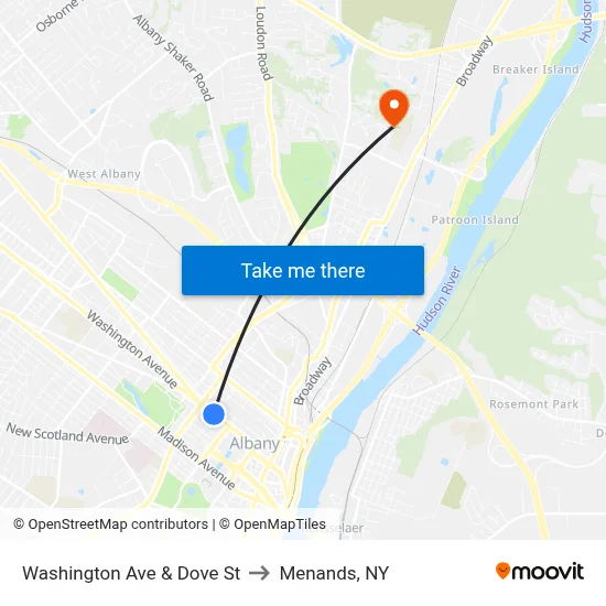 Washington Ave & Dove St to Menands, NY map