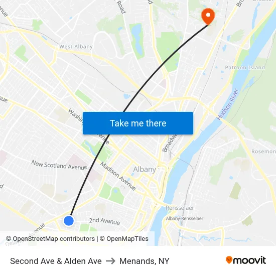 Second Ave & Alden Ave to Menands, NY map