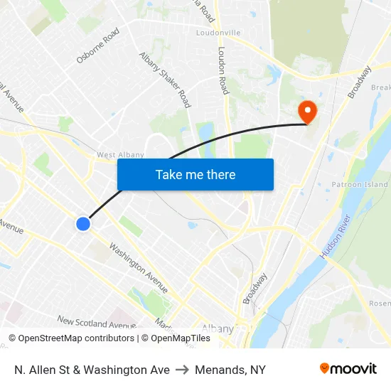 N. Allen St & Washington Ave to Menands, NY map