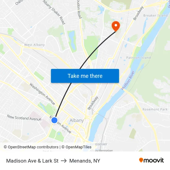 Madison Ave & Lark St to Menands, NY map