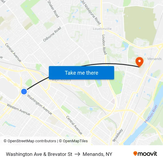 Washington Ave & Brevator St to Menands, NY map