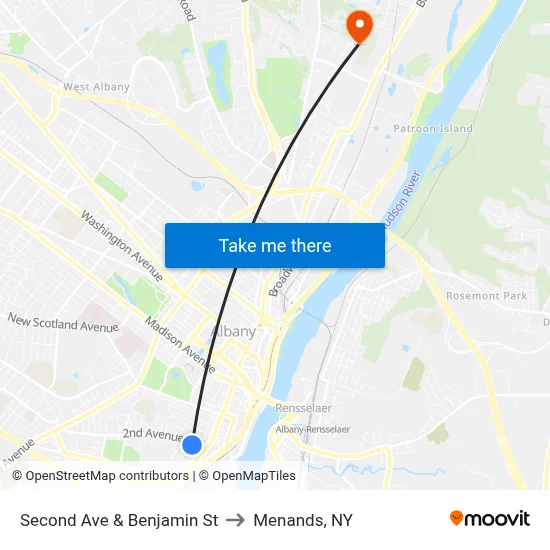 Second Ave & Benjamin St to Menands, NY map