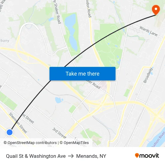 Quail St & Washington Ave to Menands, NY map