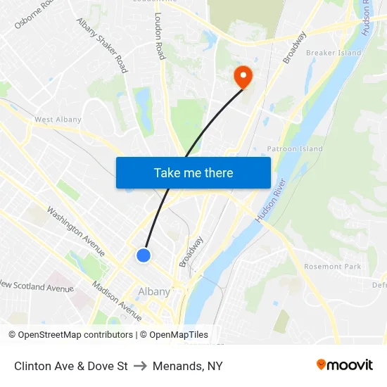 Clinton Ave & Dove St to Menands, NY map