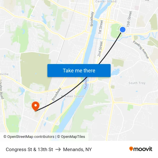 Congress St & 13th St to Menands, NY map