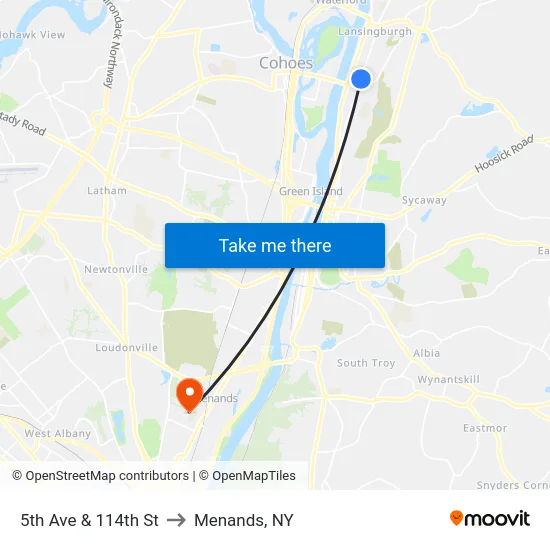 5th Ave & 114th St to Menands, NY map