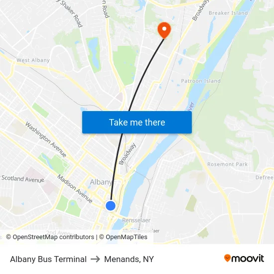 Albany Bus Terminal to Menands, NY map