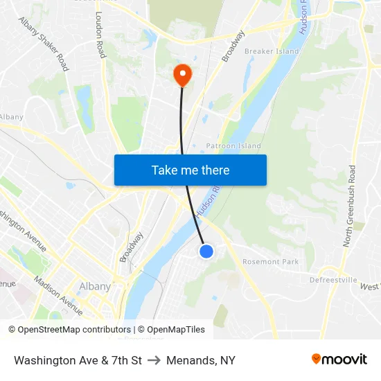 Washington Ave & 7th St to Menands, NY map