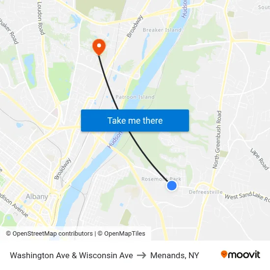 Washington Ave & Wisconsin Ave to Menands, NY map