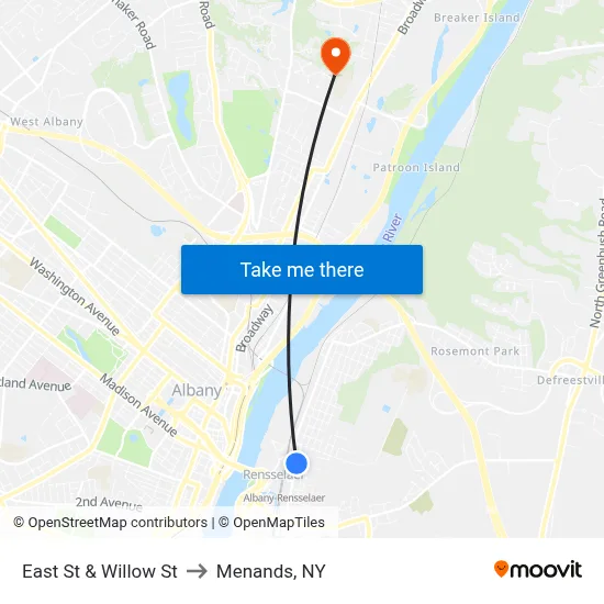 East St & Willow St to Menands, NY map