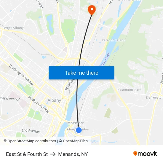 East St & Fourth St to Menands, NY map