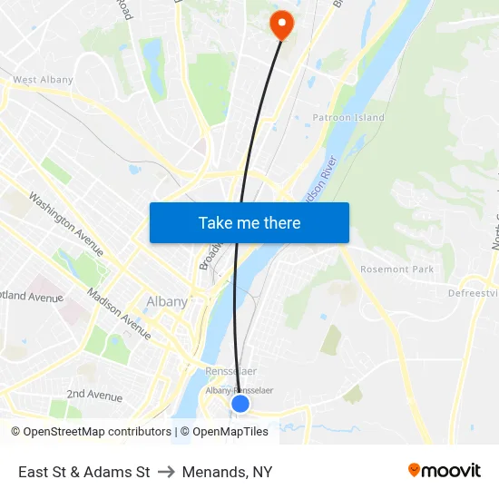 East St & Adams St to Menands, NY map