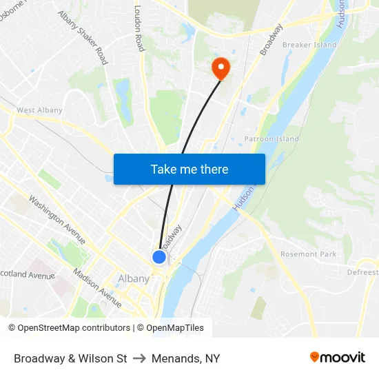 Broadway & Wilson St to Menands, NY map