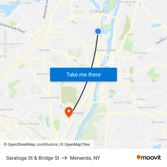 Saratoga St & Bridge St to Menands, NY map