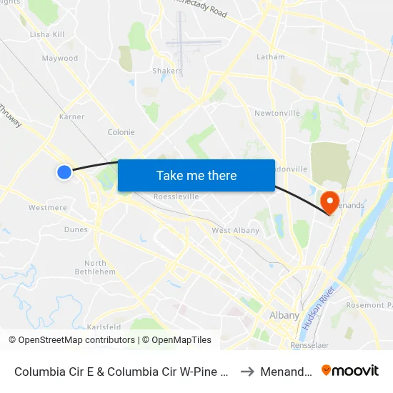 Columbia Cir E & Columbia Cir W-Pine Bush Preserve to Menands, NY map