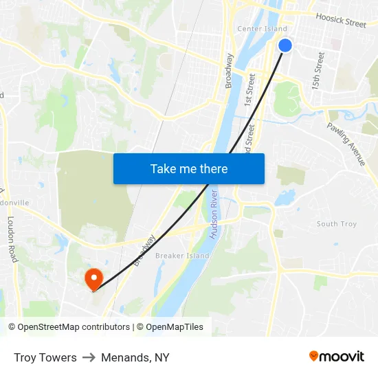 Troy Towers to Menands, NY map