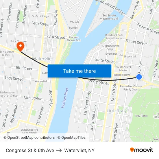 Congress St & 6th Ave to Watervliet, NY map