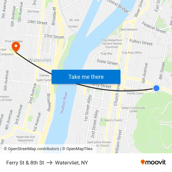 Ferry St & 8th St to Watervliet, NY map