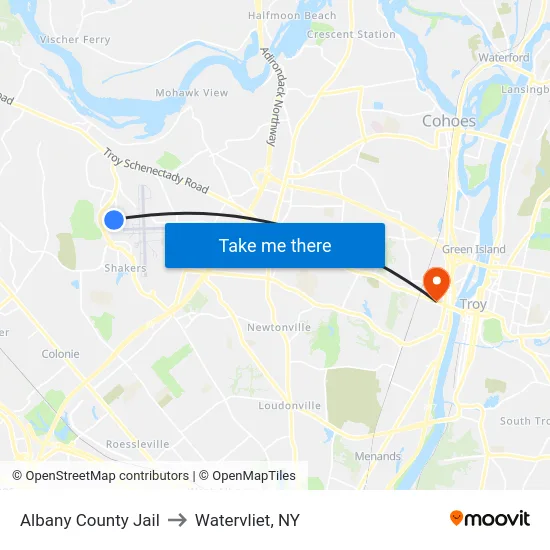 Albany County Jail to Watervliet, NY map