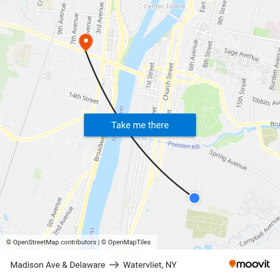 Madison Ave & Delaware to Watervliet, NY map