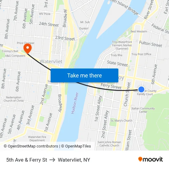 5th Ave & Ferry St to Watervliet, NY map